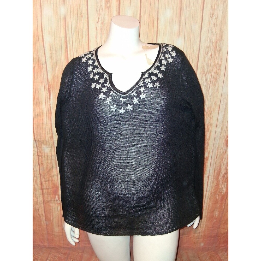 Unbranded Black Sheer Floral Embroidered Long Sleeve V-neck Blouse Sz 2X